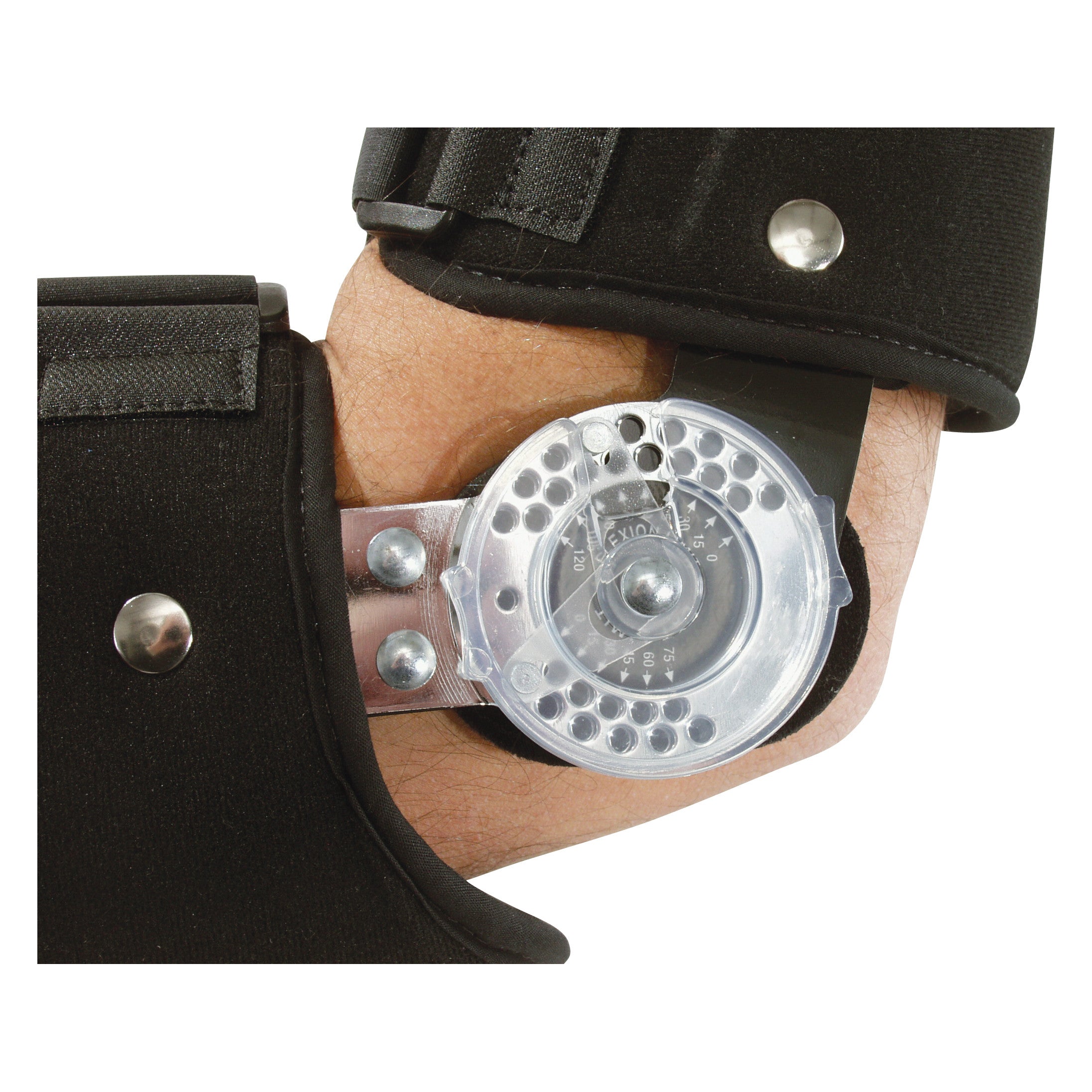 An AliMed FREEDOM comfort ROM Elbow Brace. It's fitted on an arm, featuring adjustable metal hinges and padded straps.