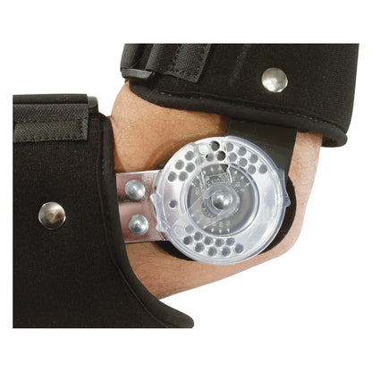 An AliMed FREEDOM comfort ROM Elbow Brace. It's fitted on an arm, featuring adjustable metal hinges and padded straps.
