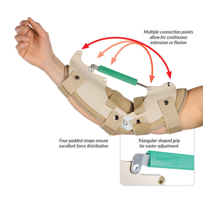The AliMed Elbow Turnbuckle Orthosis on an arm. It has adjustable straps and a green turnbuckle for movement.
