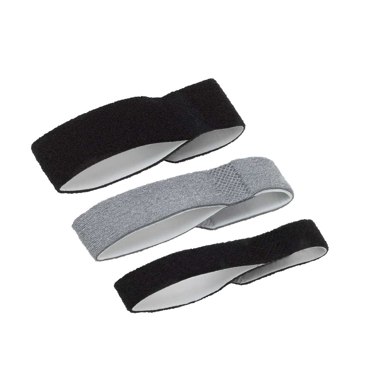 Three 3pp Buddy Loop Finger Splints are displayed. Two are black, and one is gray. They are made of a soft, flexible material.