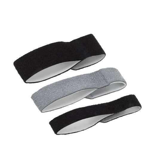 Three 3pp Buddy Loop Finger Splints are displayed. Two are black, and one is gray. They are made of a soft, flexible material.