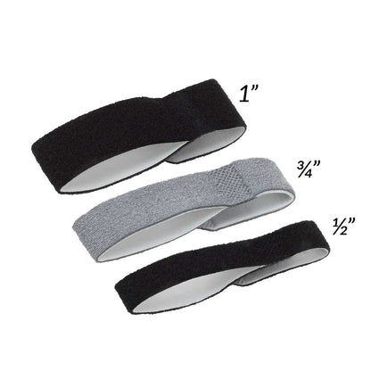 Three 3pp Buddy Loop Finger Splints in black and gray, shown in sizes 1 inch, 3/4 inch, and 1/2 inch.