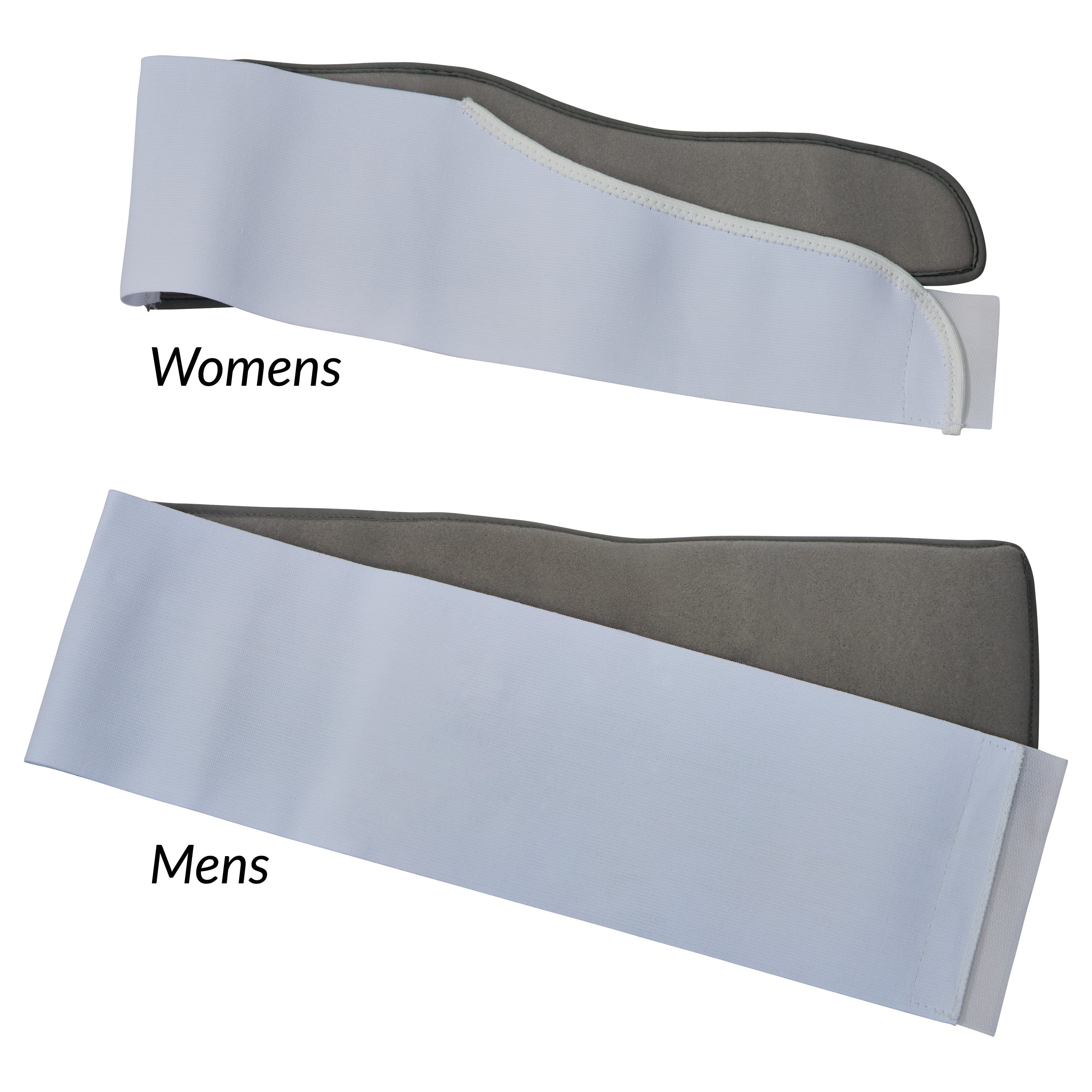 Two Thoracic Rib Belts: one labeled "Women's" with a slight curve and the other "Men's" with a straight design, both in gray.