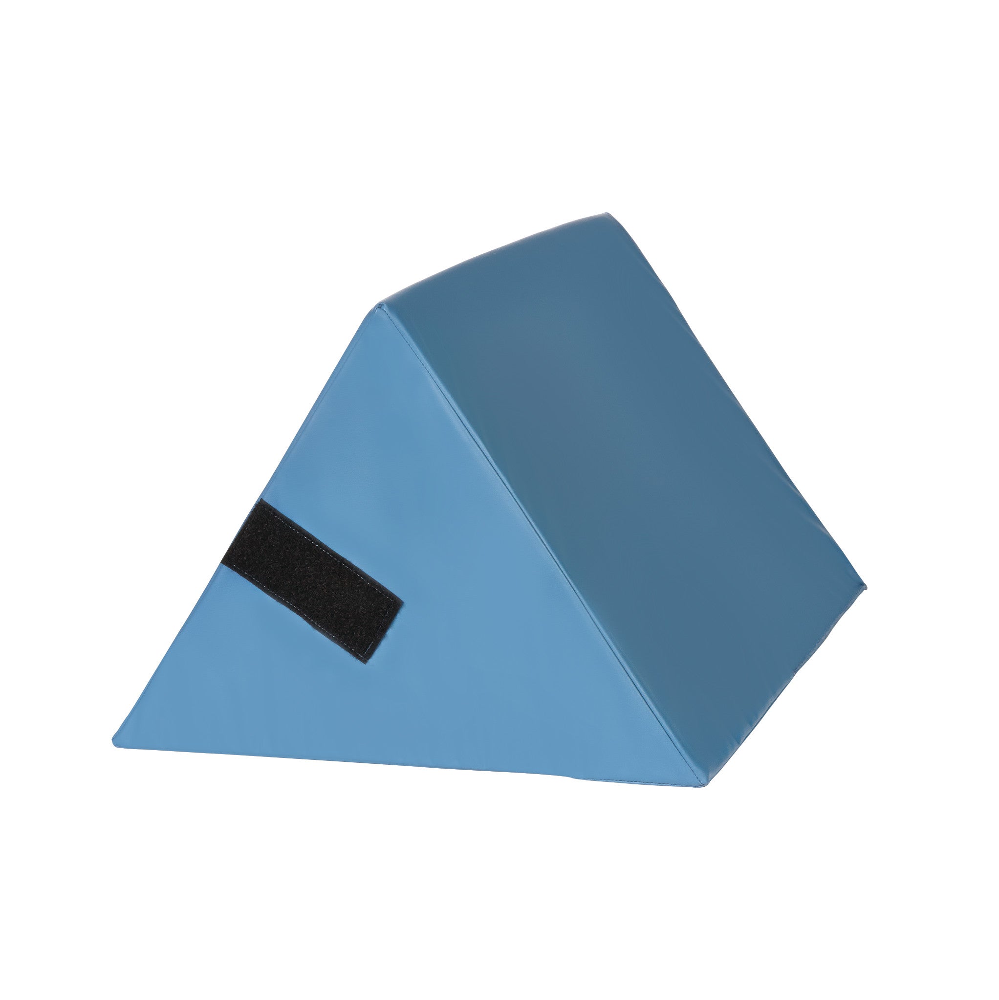 An AliMed Knee Bolster and Extension Set. It is a blue triangular wedge cushion with a black strap on the side.