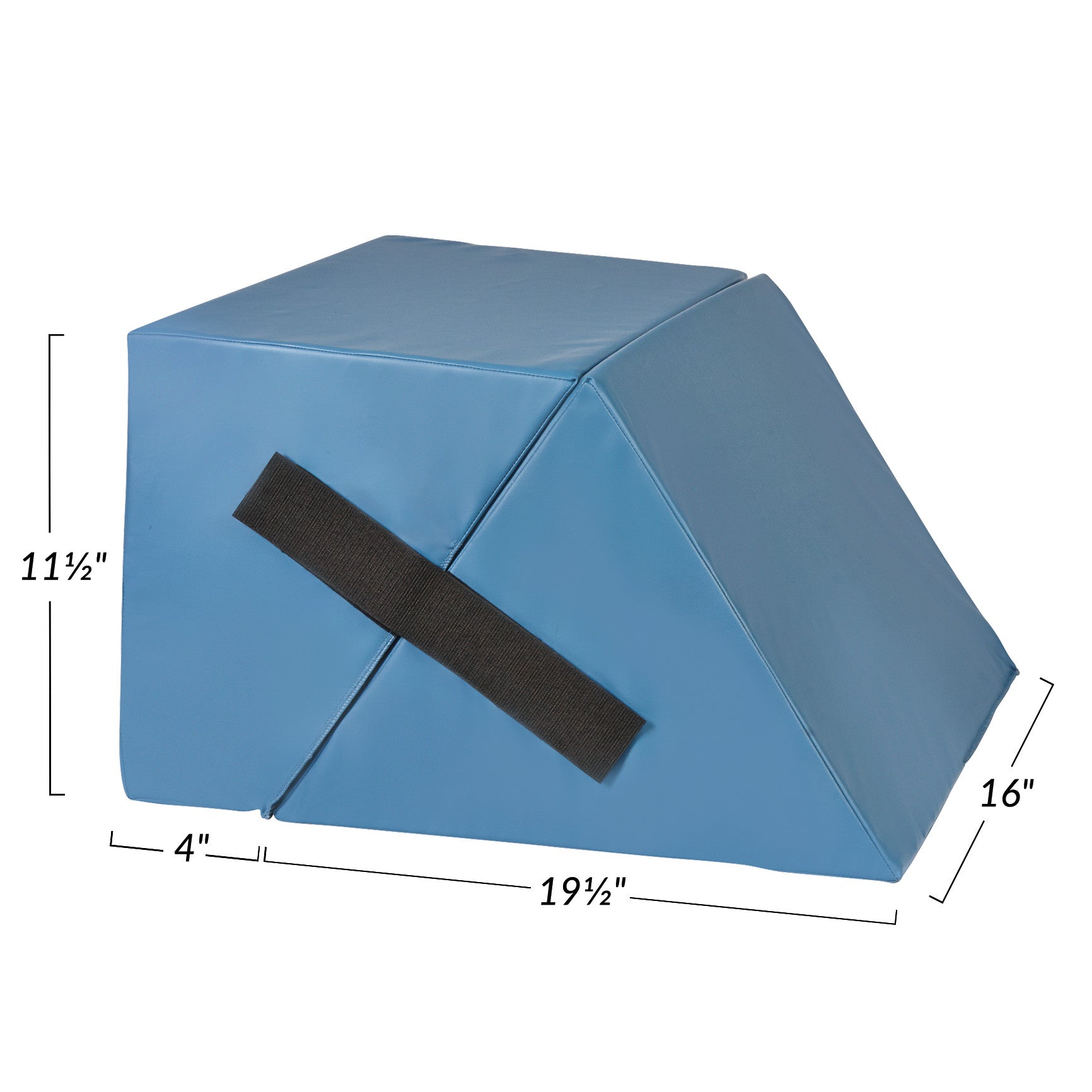 Blue AliMed Knee Bolster and Extension Set with dimensions labeled: 11.5" high, 19.5" long, 16" wide, and 4" thick strip.