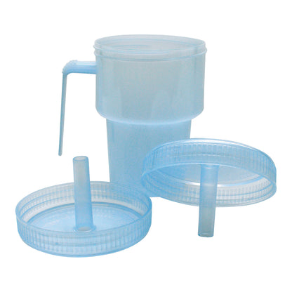 A Kennedy Spillproof Cup with a handle, featuring a transparent design and two detachable lids with straws.