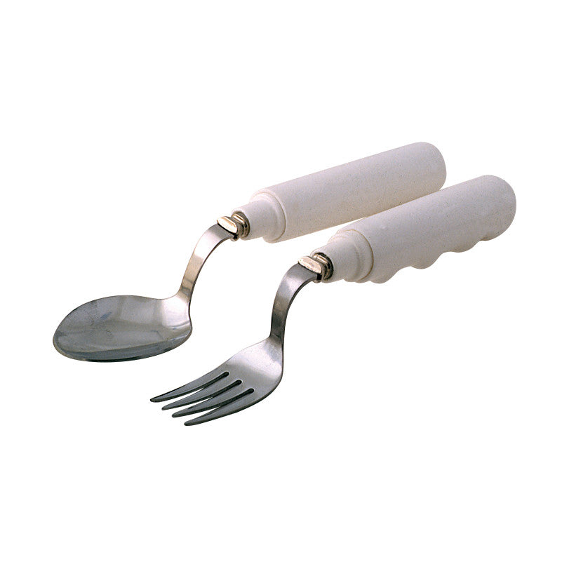 Two Grip-Tight Swivel Utensils, a spoon, and fork, feature white ergonomic handles and flexible angled heads for easy use.