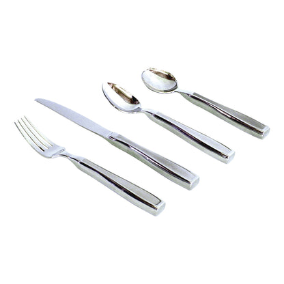 A set of four stainless steel Weighted Utensils, including a fork, knife, tablespoon, and teaspoon, with thick, contoured handles.