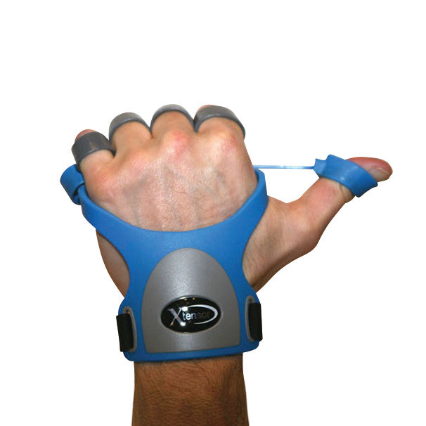 A hand wears the Xtensor Finger Extension Exerciser, with blue bands on each finger for strengthening and rehabilitation.