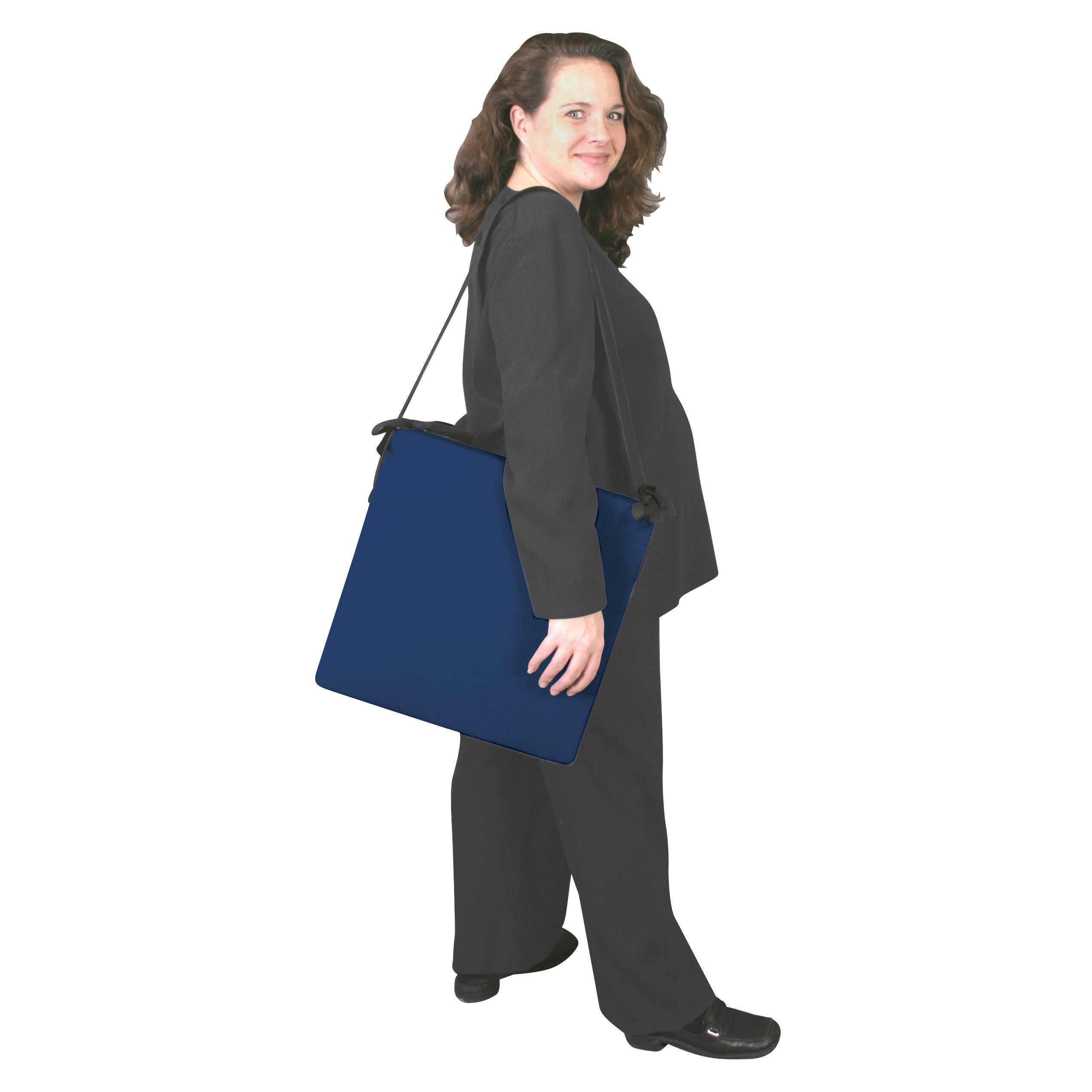 A person holds the AliMed Portable Easy Up Sit-to-Stand Cushion, featuring a blue cover, over their shoulder with a strap.