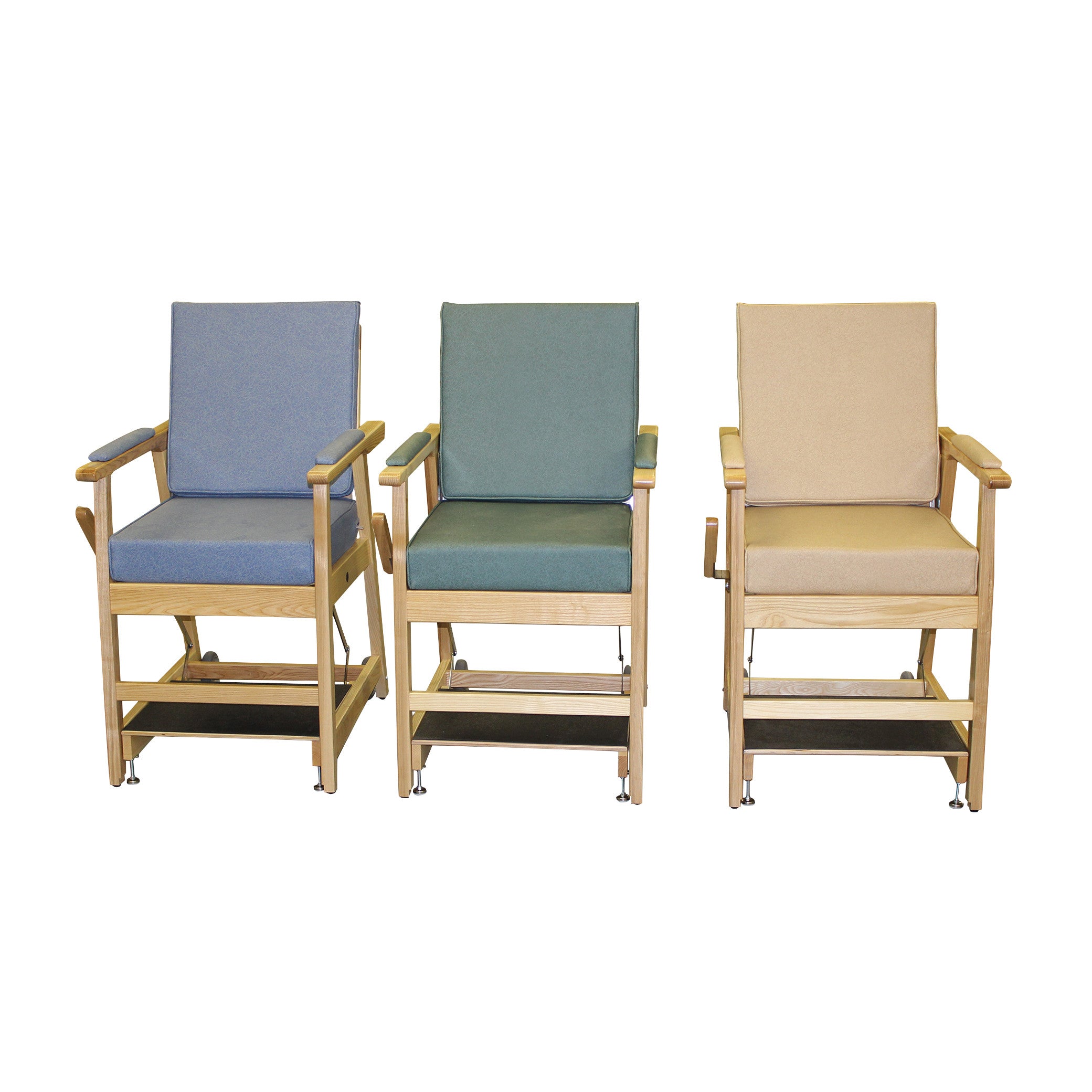 Three EZ-UP Hip Chairs with cushions in blue, green, and beige, featuring wooden frames and footrests.