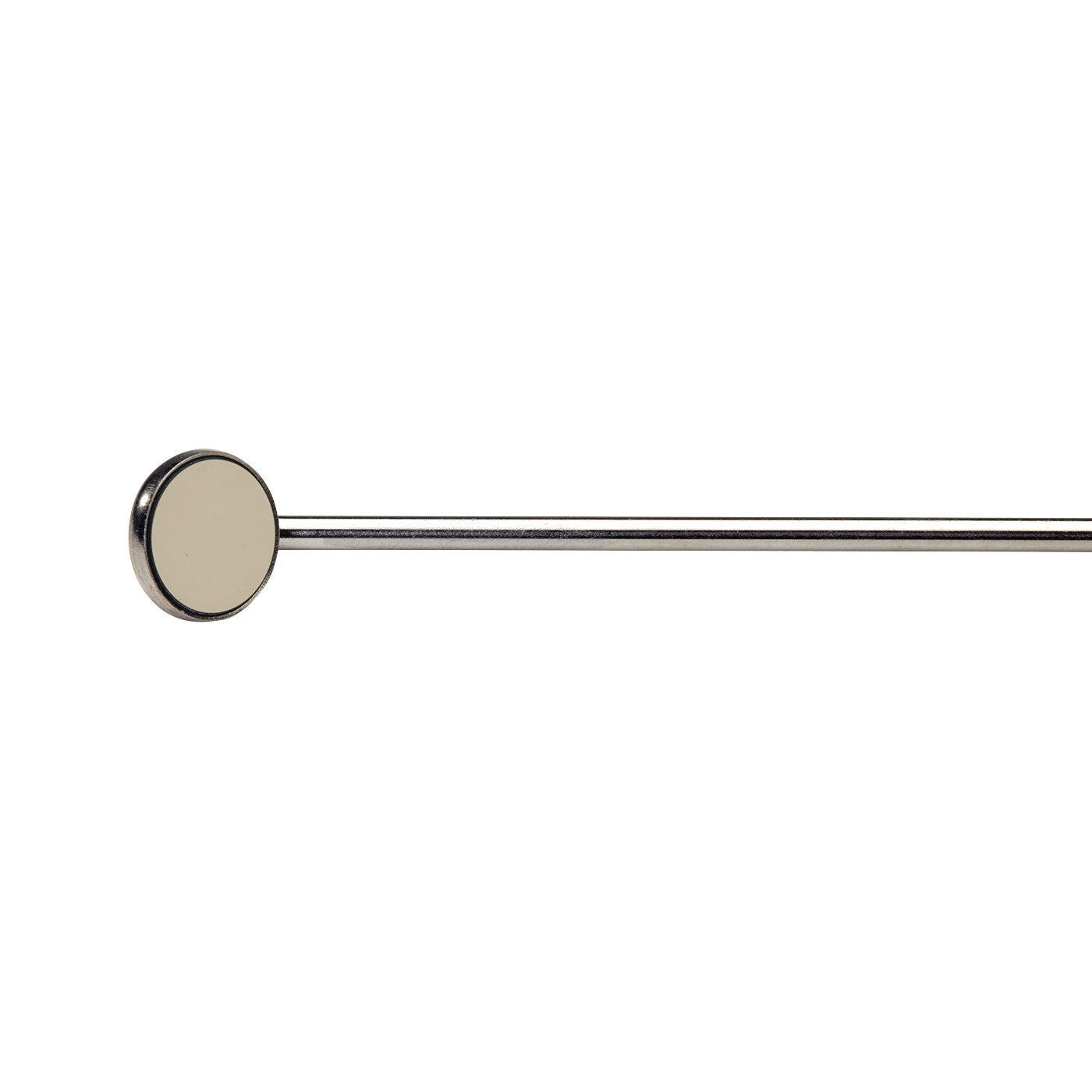 A Laryngeal Mirror with a round reflective surface and a long, thin handle set against a white background.