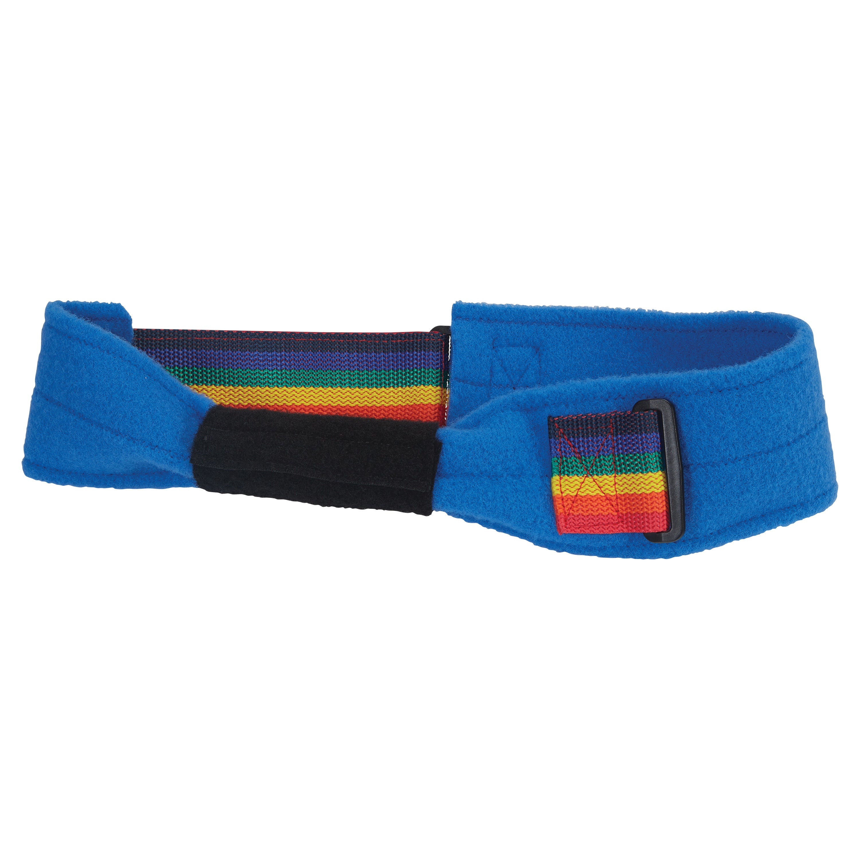 An AliMed Pediatric Walker Belt in blue fabric with rainbow-striped accents and black closure straps.