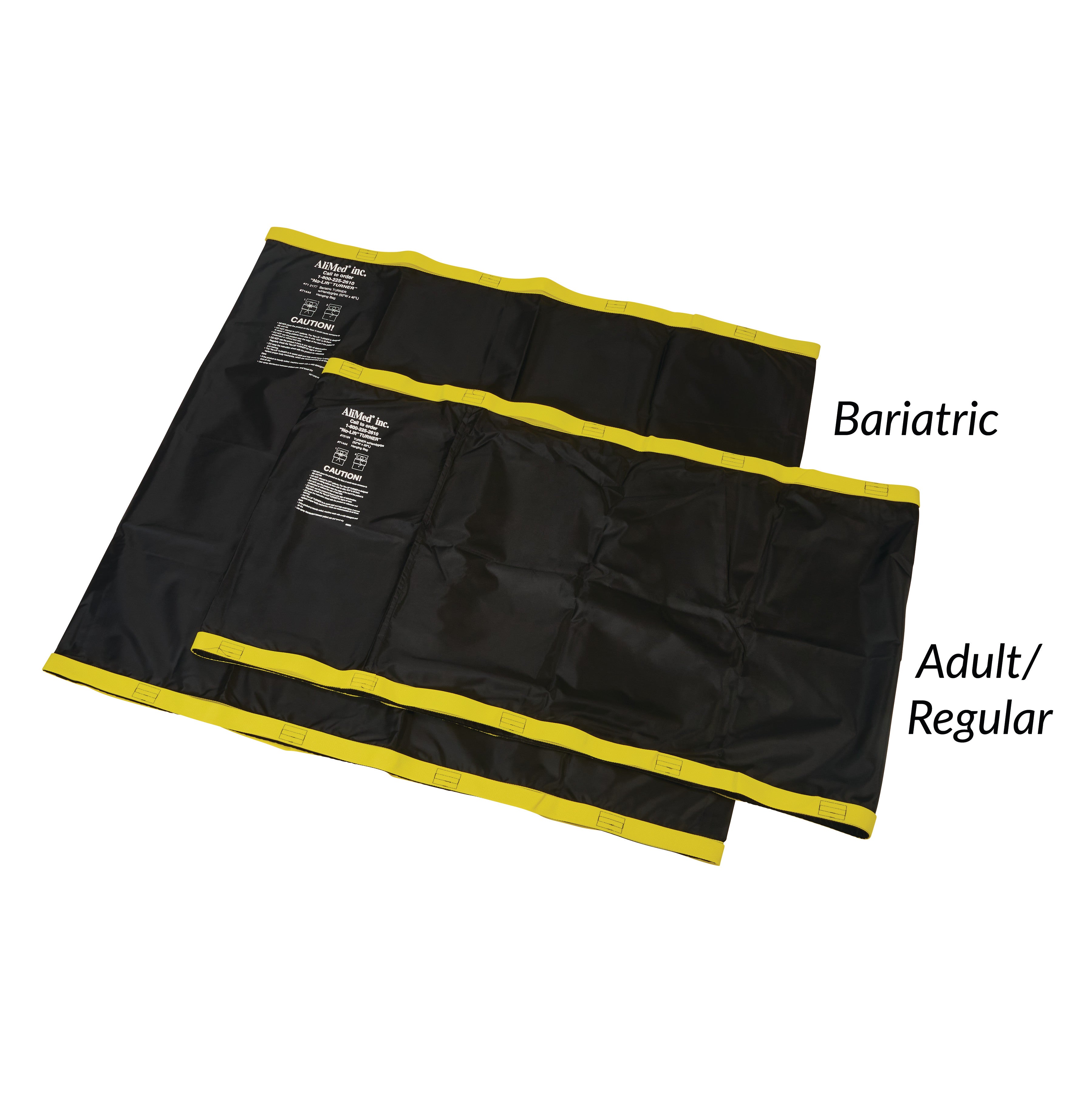 Two AliMed No-Lift TURNER sheets are shown, labeled "Bariatric" and "Adult/Regular," both with yellow borders.