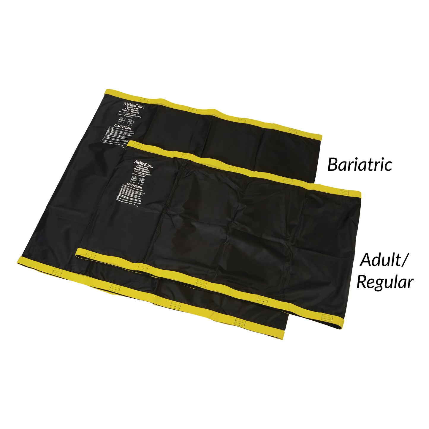 Two AliMed No-Lift TURNER sheets are shown, labeled "Bariatric" and "Adult/Regular," both with yellow borders.