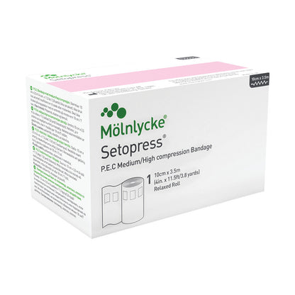 Box of Molnlycke Setopress Compression Bandage, 10cm x 3.5m, labeled for medium/high compression. It has product details printed.