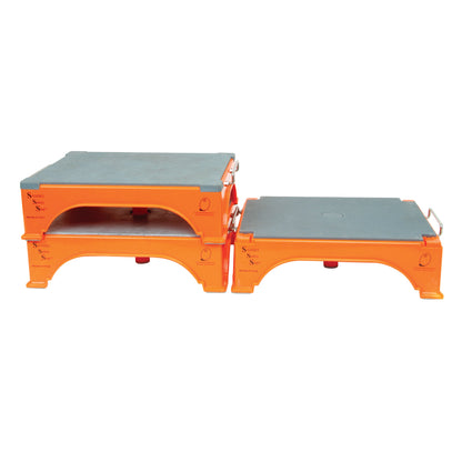 Three orange SANDEL Ergo-Step Stools are shown, with two stacked and one at a lower height, featuring gray tops and handles.