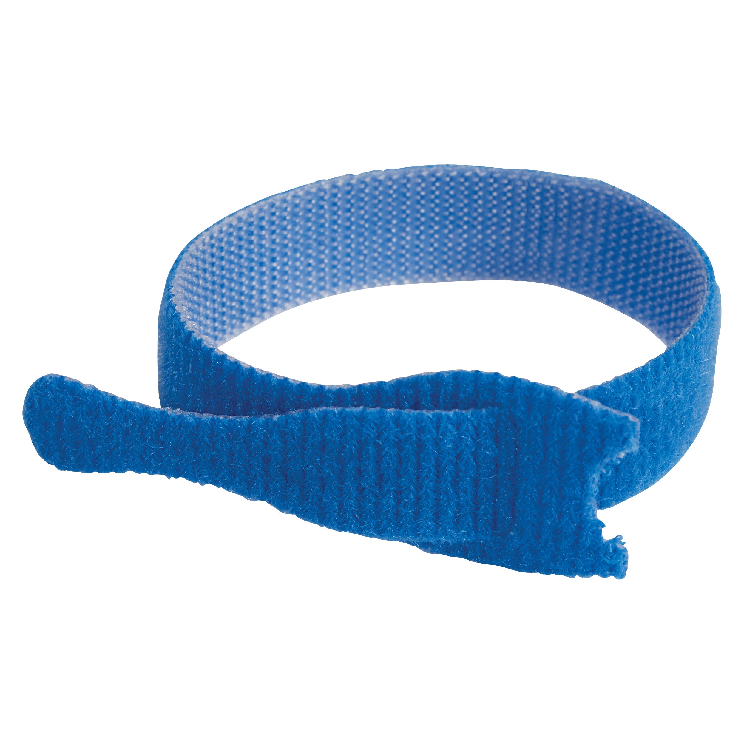 Blue AliMed AliTies cable tie in a loop, showing the hook and loop fastening system.