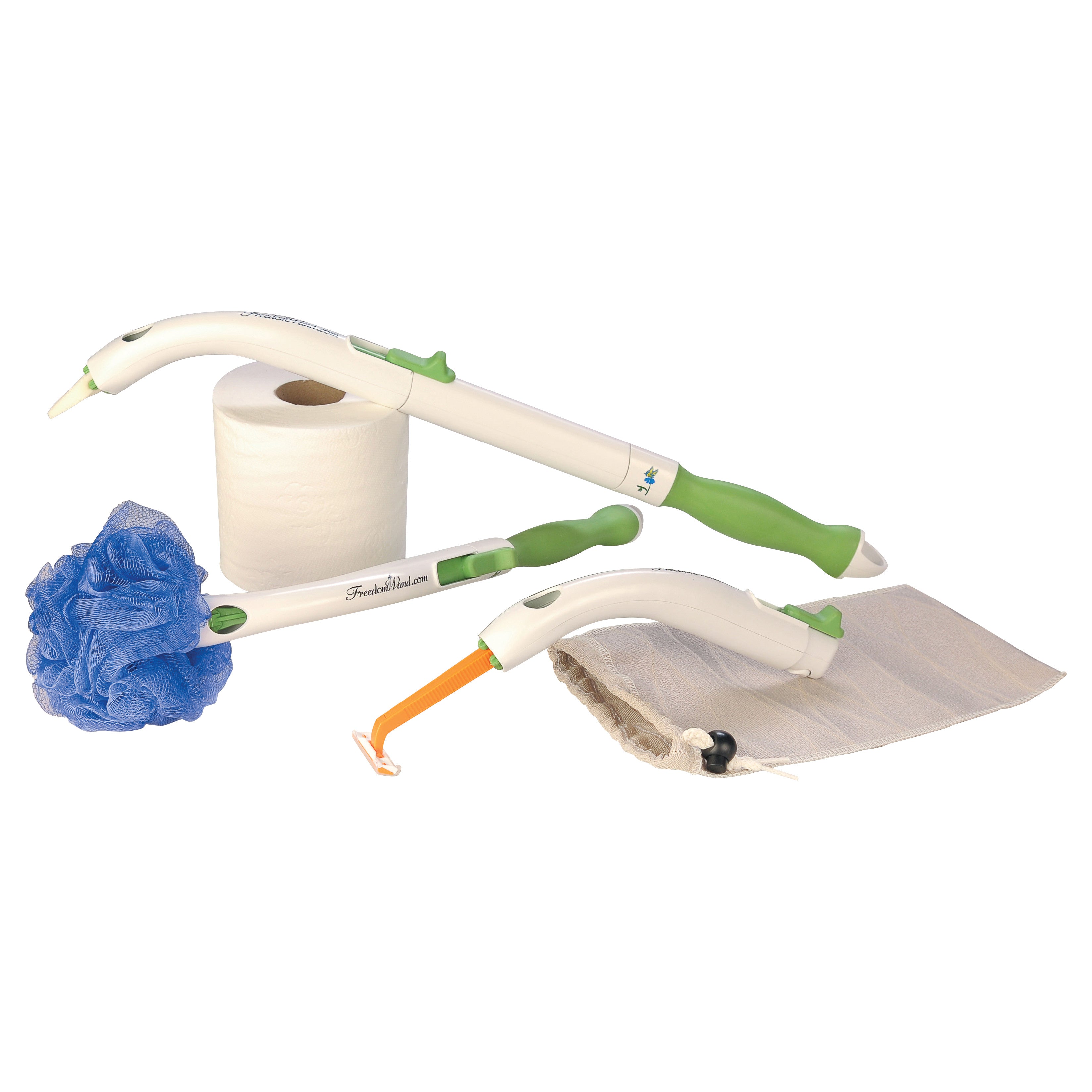 The FreedomWand personal hygiene aid, with a curved handle, holding a blue loofah, a toilet paper roll, and a cloth.