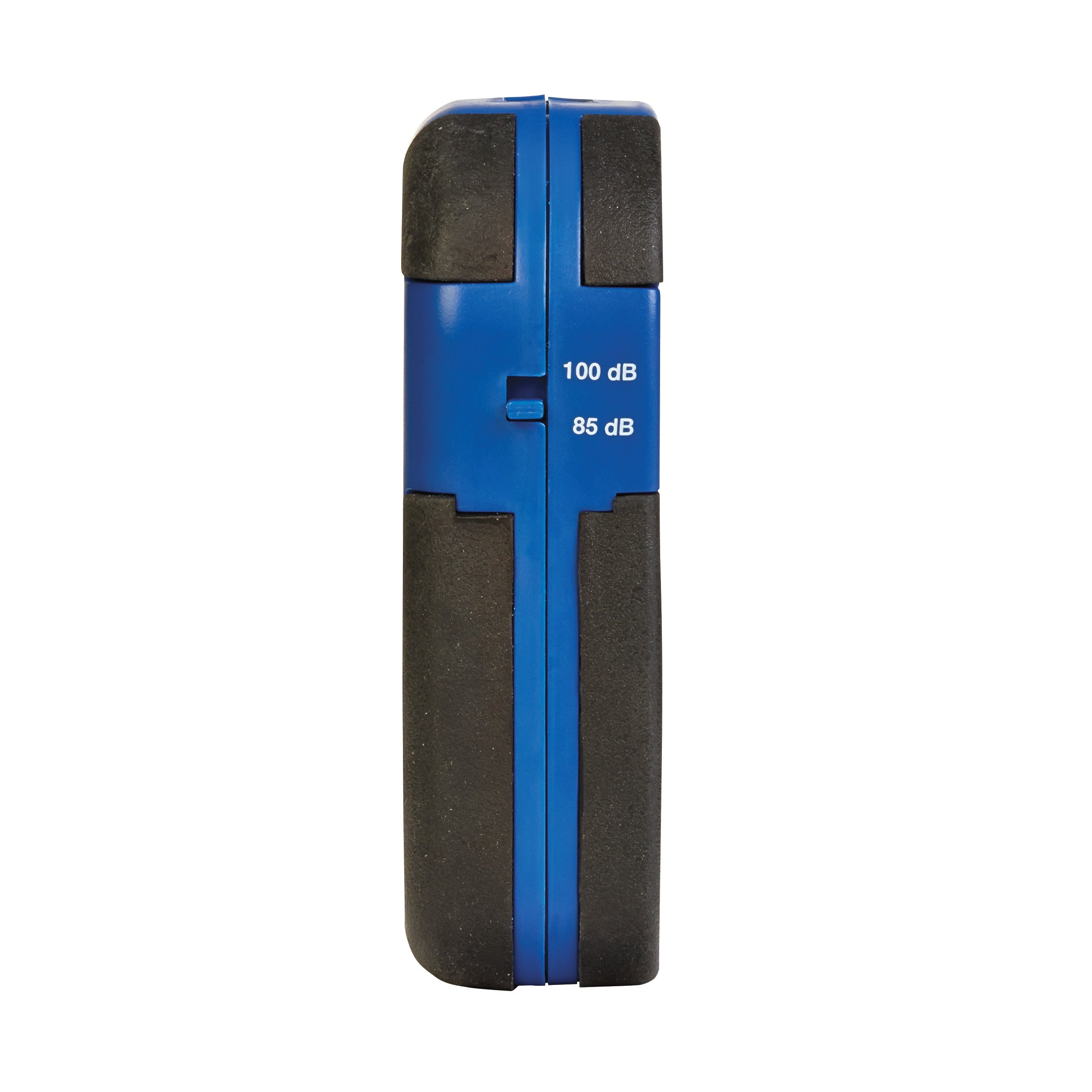 Side view of the AliMed IQ Duo Plus Alarm, showing its blue and black casing with volume settings of 100 dB and 85 dB.
