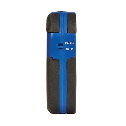 Side view of the AliMed IQ Duo Plus Alarm, showing its blue and black casing with volume settings of 100 dB and 85 dB.