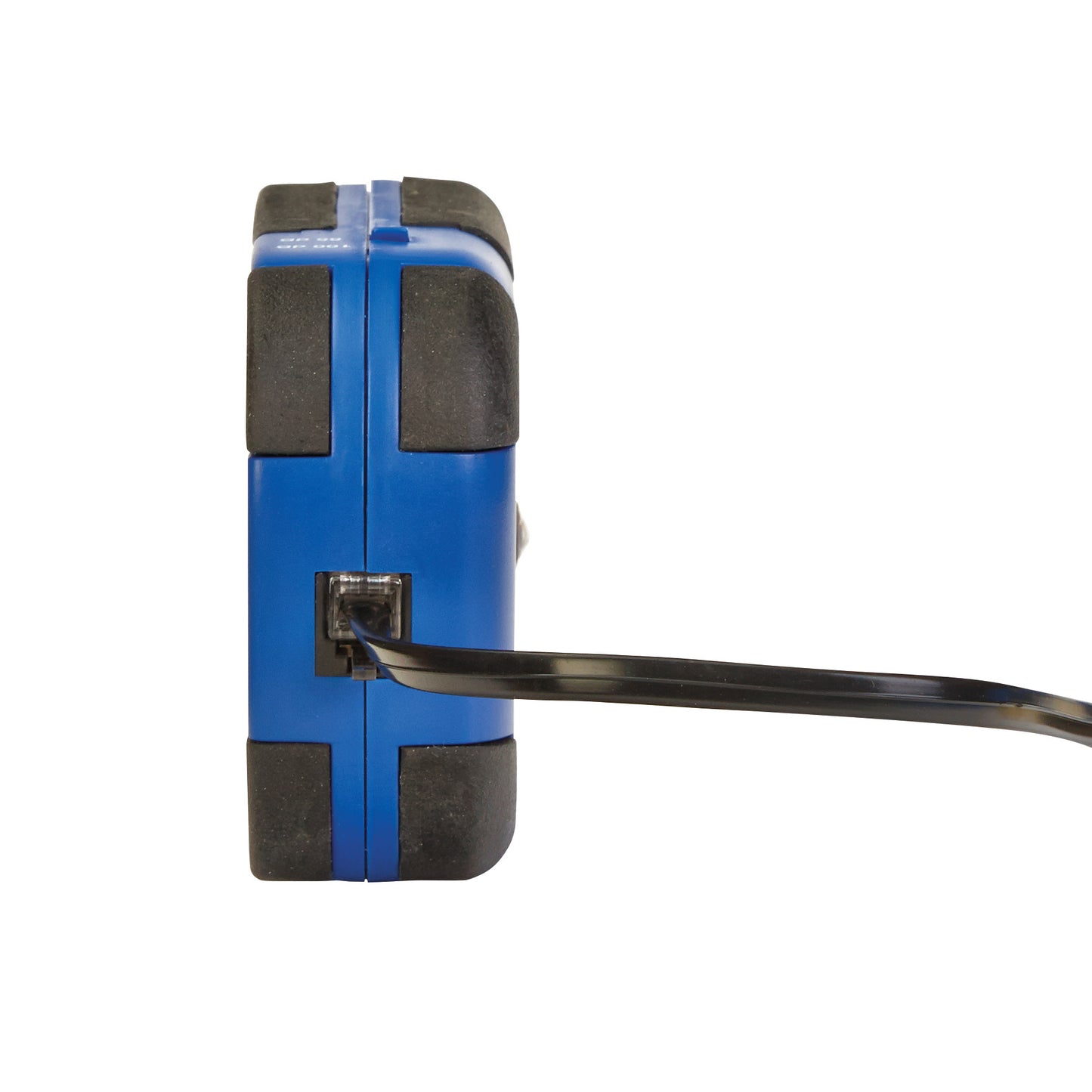 Side view of the AliMed IQ Duo Plus Alarm, featuring a blue casing with black edges and a cord connected at the side.
