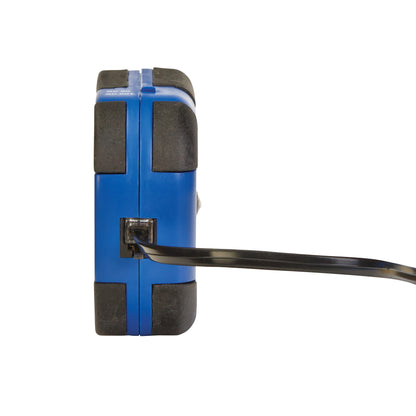 Side view of the AliMed IQ Duo Plus Alarm, featuring a blue casing with black edges and a cord connected at the side.