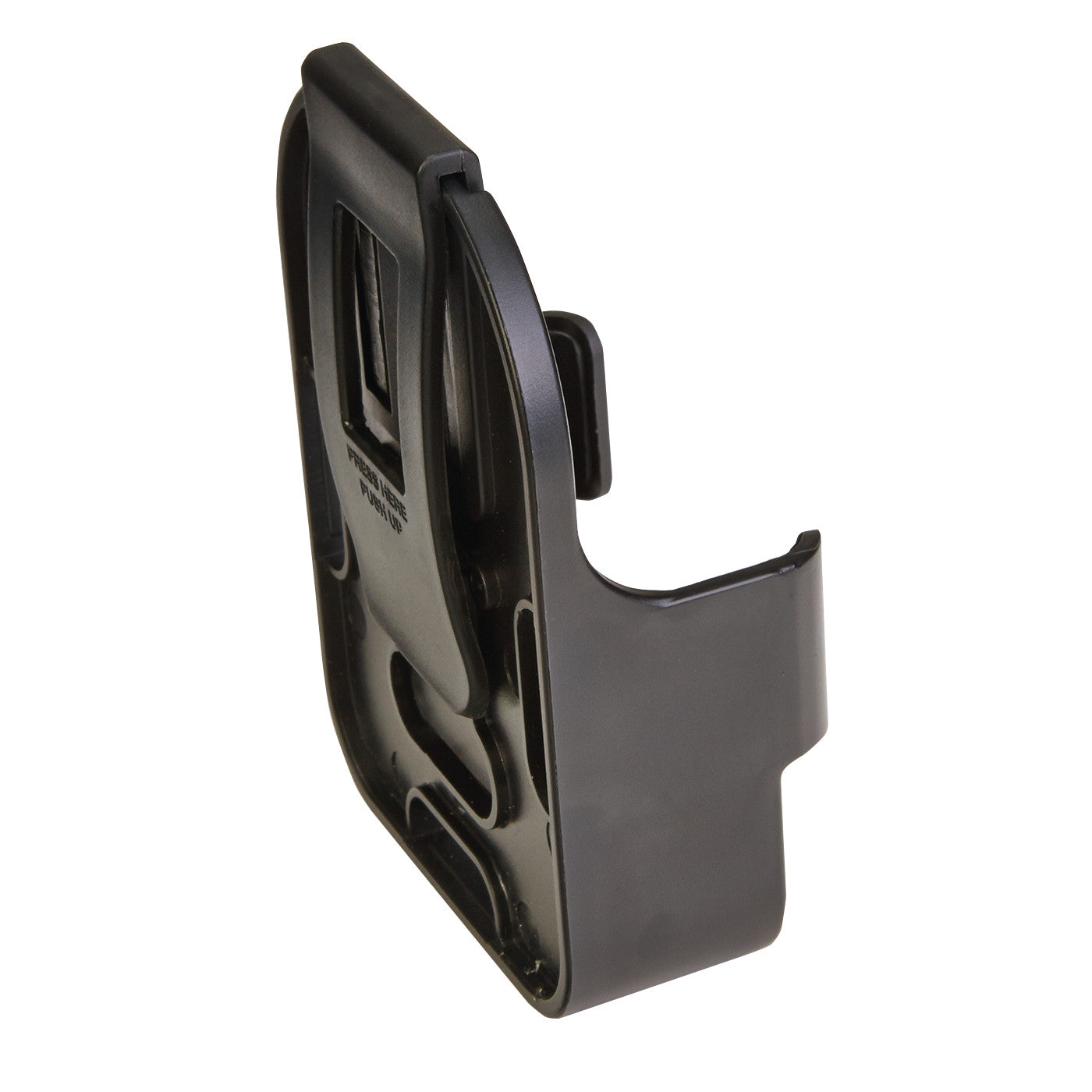 The AliMed IQ Duo Plus Alarm, a black plastic device, is shown at an angle, revealing its inner mechanism and clip.