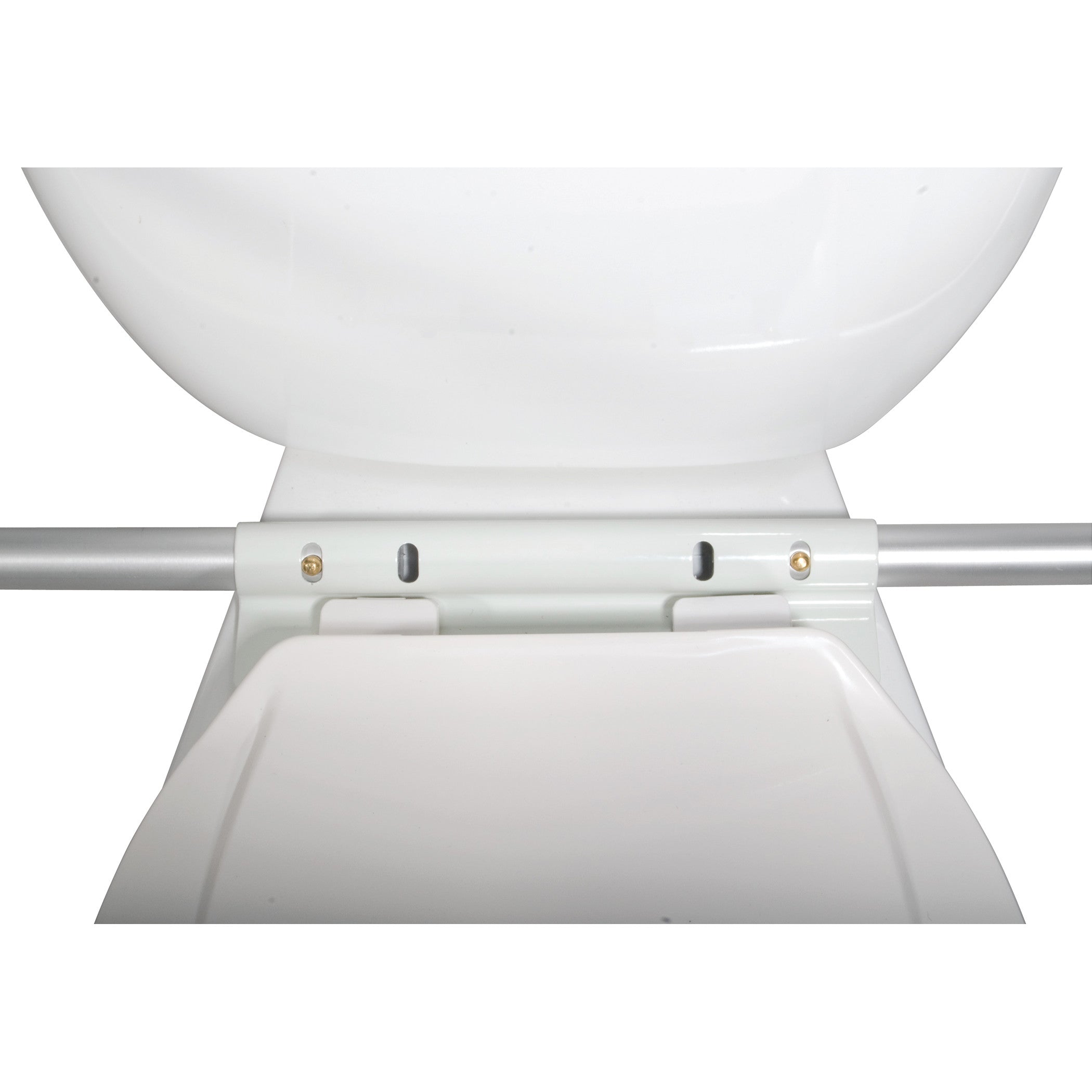 The Drive Medical Adjustable Toilet Safety Frame attached to a toilet. It has metal arms for support.