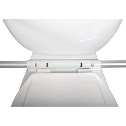 The Drive Medical Adjustable Toilet Safety Frame attached to a toilet. It has metal arms for support.
