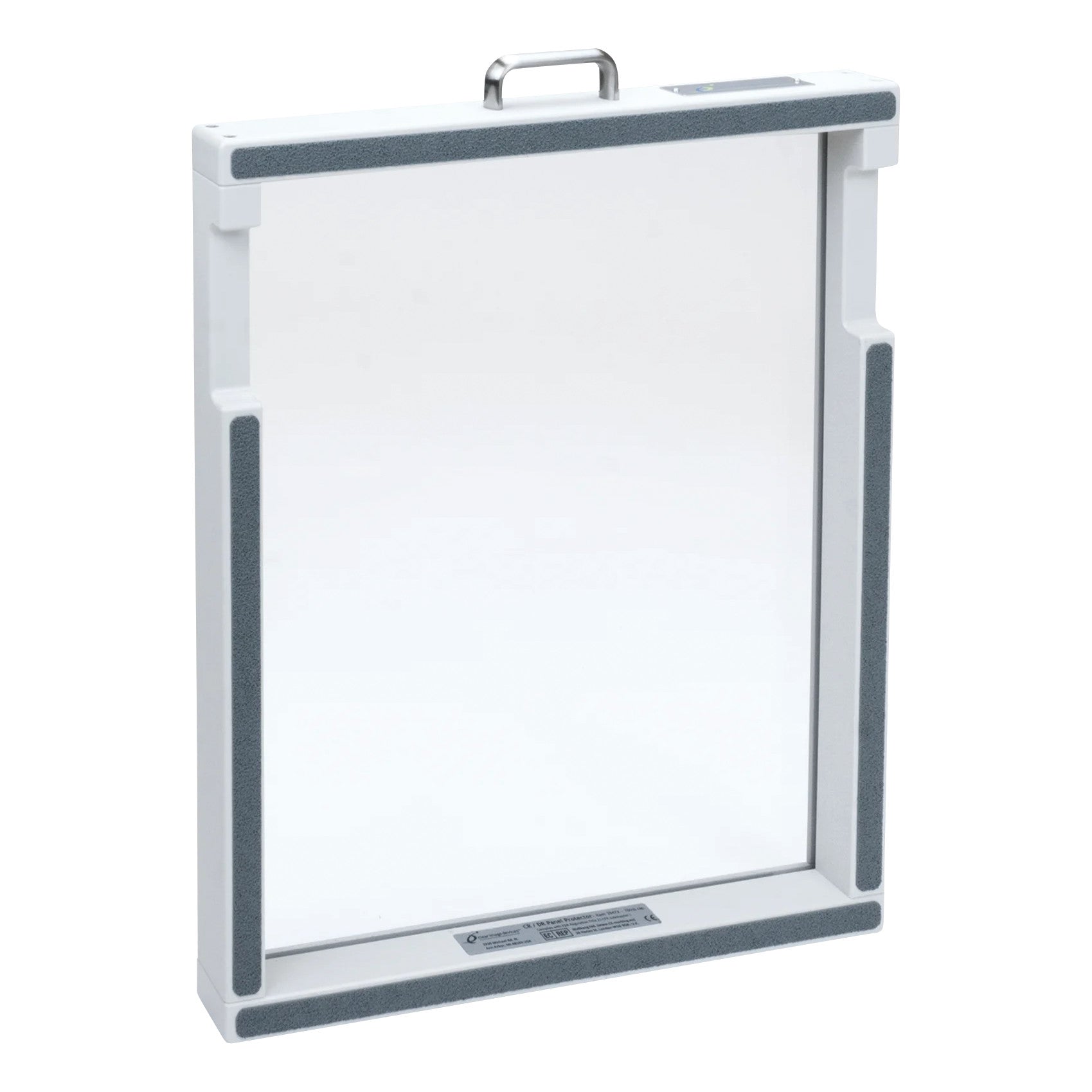 A Large Format DR Panel Protector for GE Discovery XR 650, AMX 700, FlashPad, featuring a rectangular frame with a metal han.