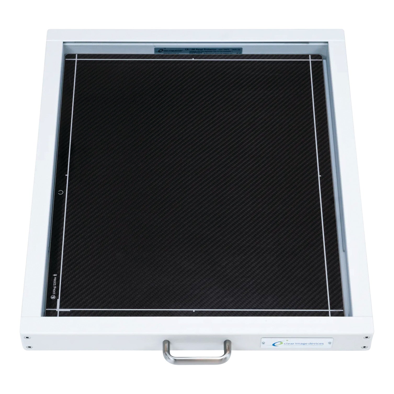 A Large Format DR Panel Protector for GE Discovery XR 650, AMX 700, FlashPad. It features a black panel in a white frame wit.
