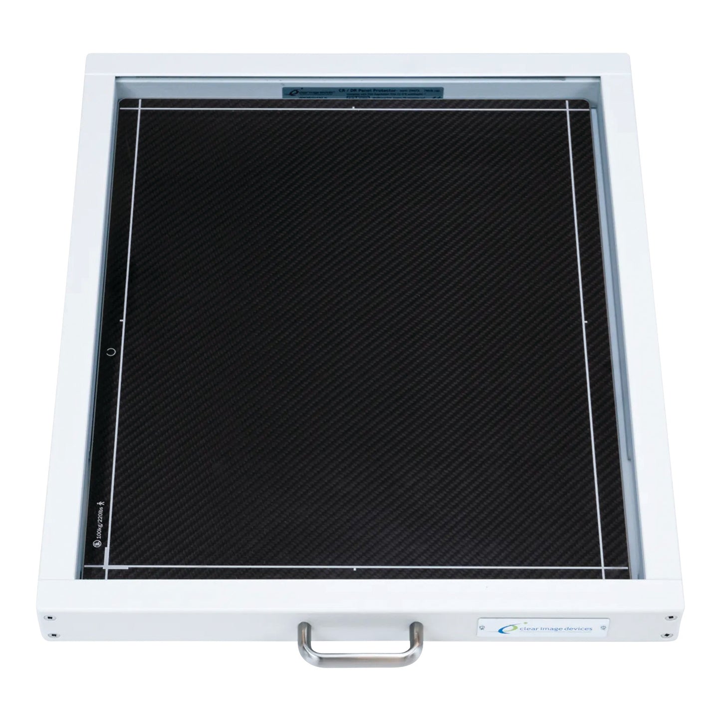 A Large Format DR Panel Protector for GE Discovery XR 650, AMX 700, FlashPad. It features a black panel in a white frame wit.