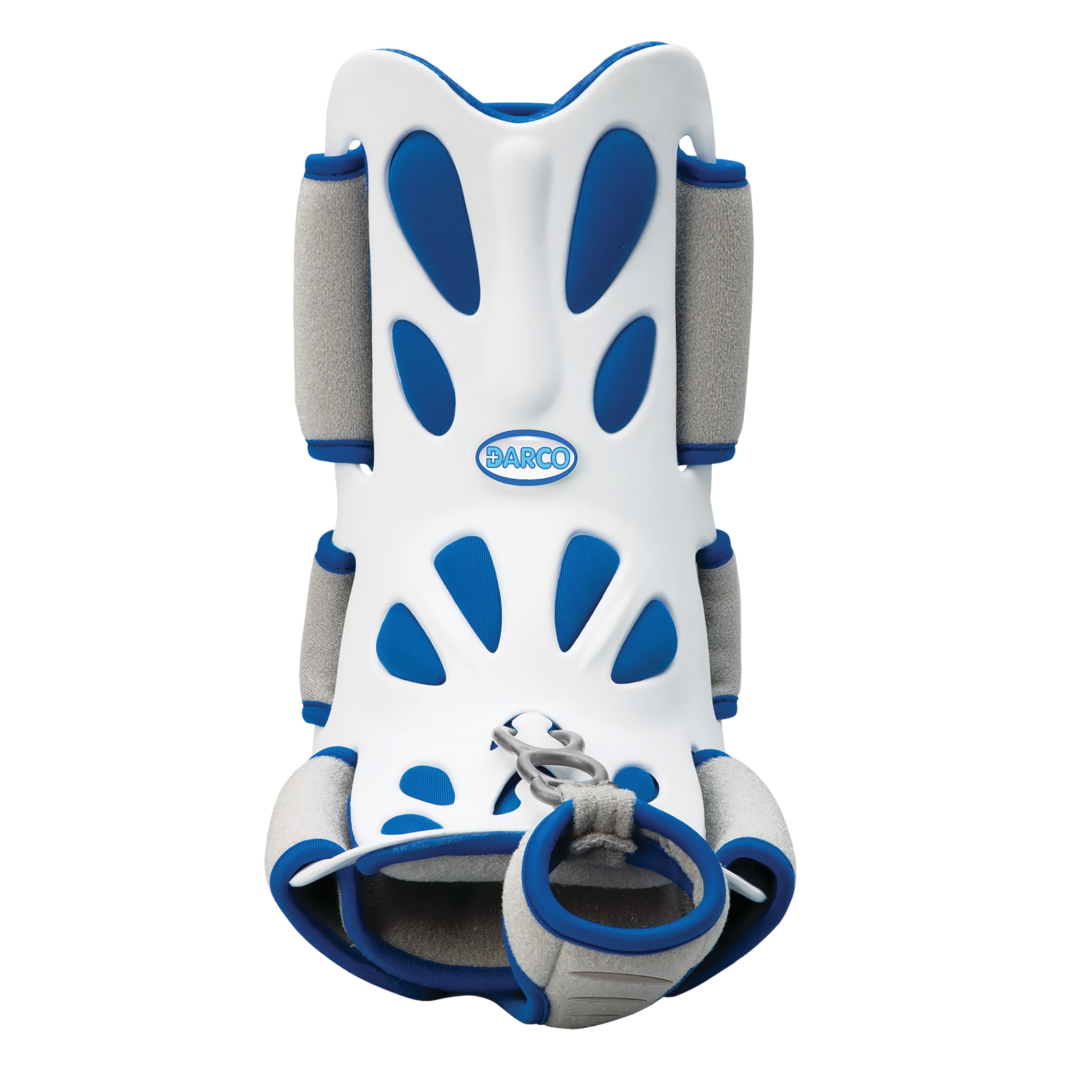 A DARCO Body Armor Night Splint in white and blue. It features cushioned gray padding and multiple adjustable straps.