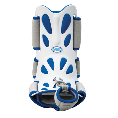 A DARCO Body Armor Night Splint in white and blue. It features cushioned gray padding and multiple adjustable straps.