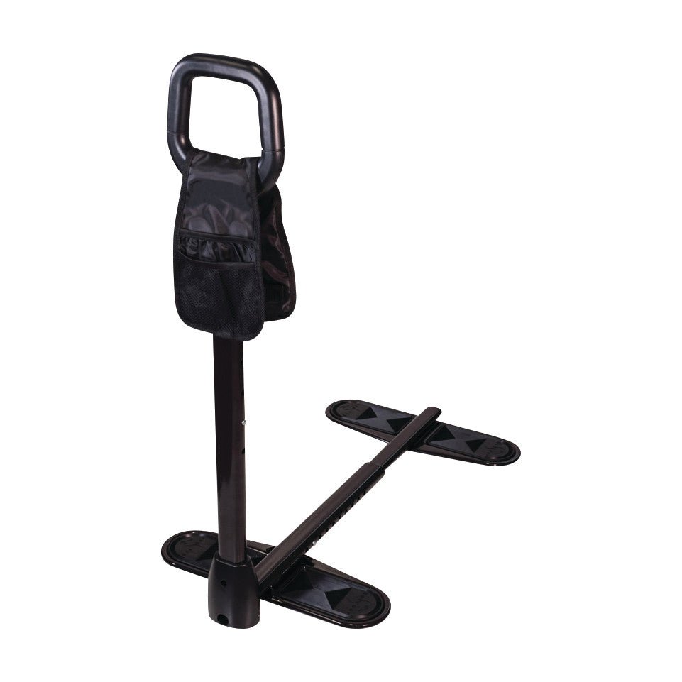 The Stander CouchCane is a black mobility aid with a handle and a support base, designed for assistance in sitting and standing.