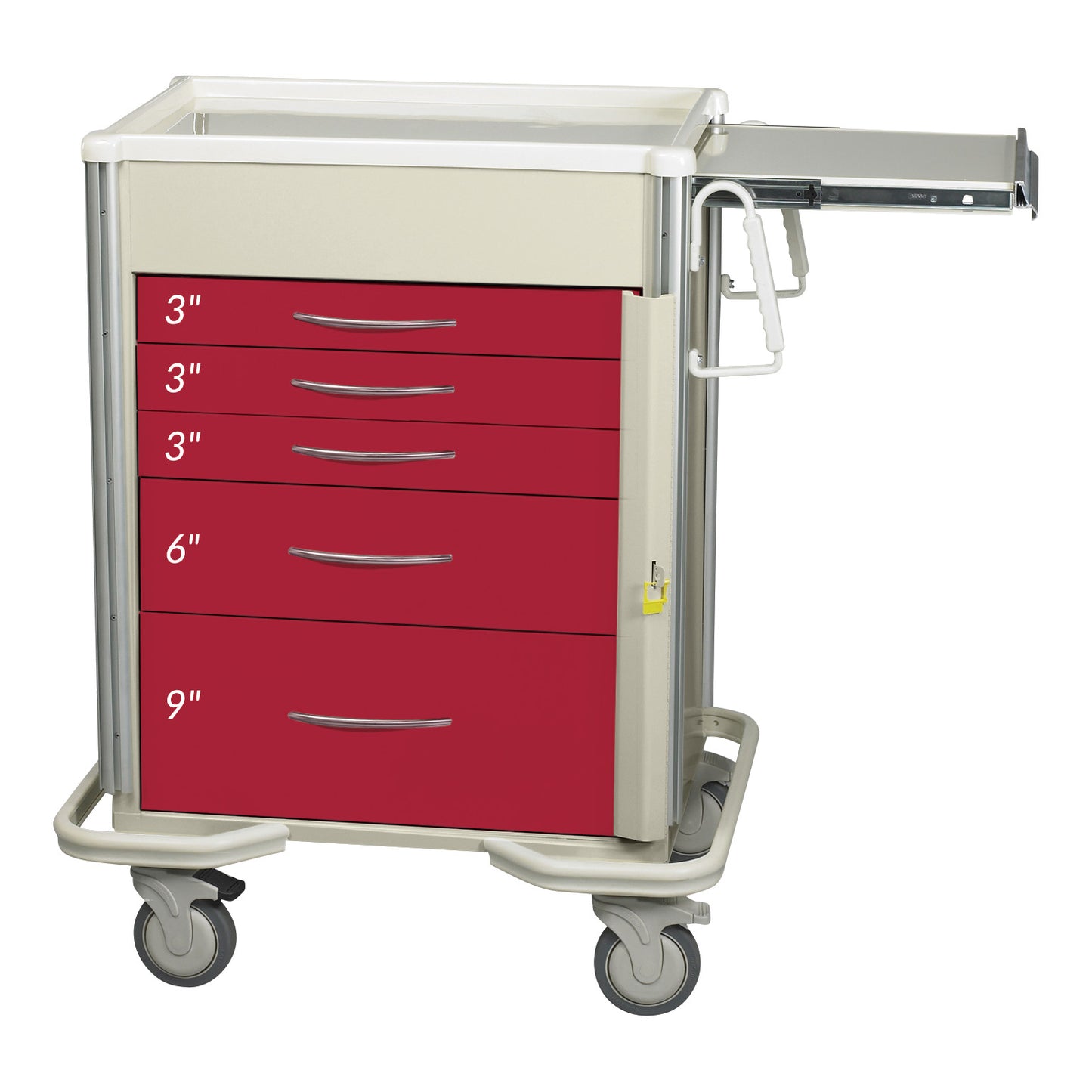 AliMed Select Series 5-Drawer Emergency Cart with red drawers: three 3', one 6', one 9' and a side fold-out tray.