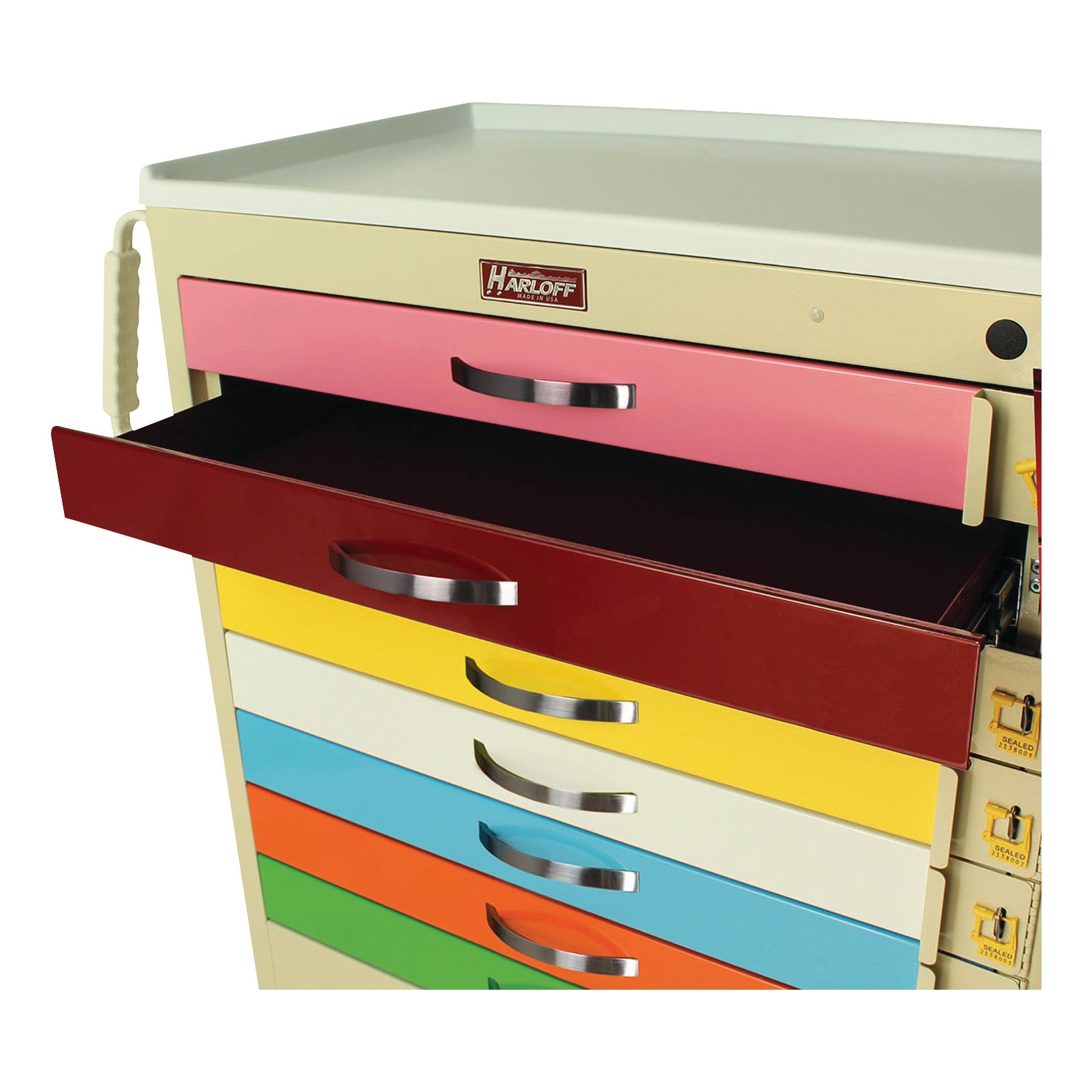Harloff 9-Drawer Pediatric Emergency Cart with multi-colored drawers, including a partially open red one.