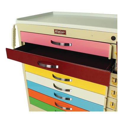 Harloff 9-Drawer Pediatric Emergency Cart with multi-colored drawers, including a partially open red one.