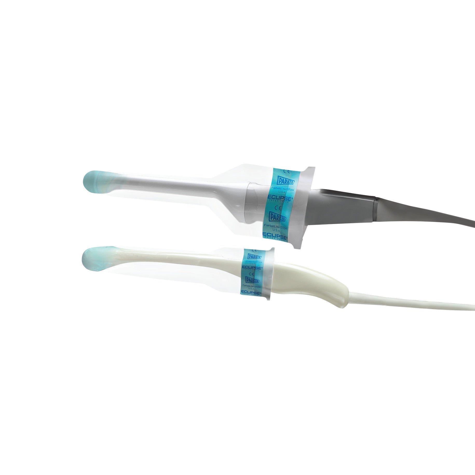 Two Parker Eclipse Nonsterile Ultrasound Probe Covers are shown, white with blue tips and labels, designed for ultrasound probes.