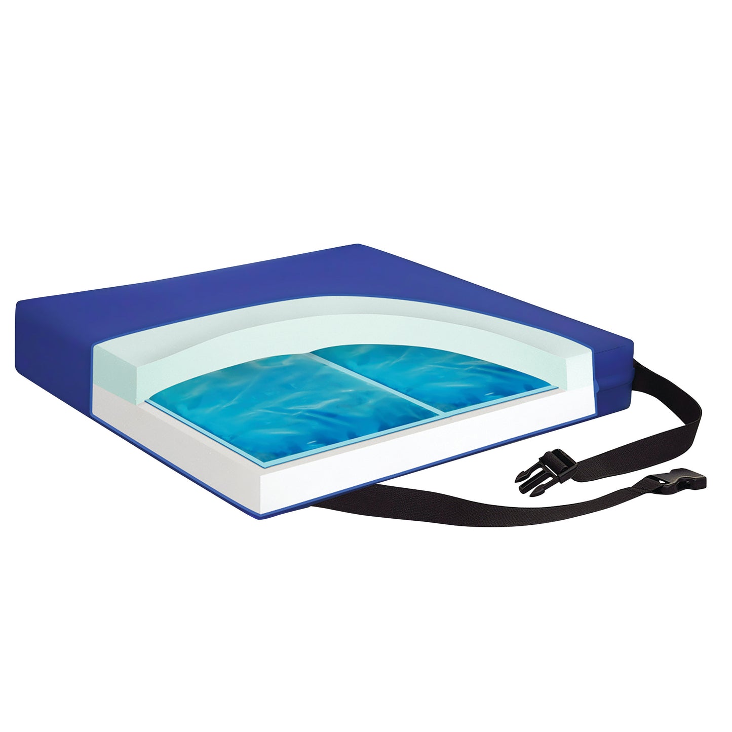 A NYOrtho Gel-Foam Wheelchair Cushion with a blue cover and inner gel-foam layers, and a black strap with a buckle.