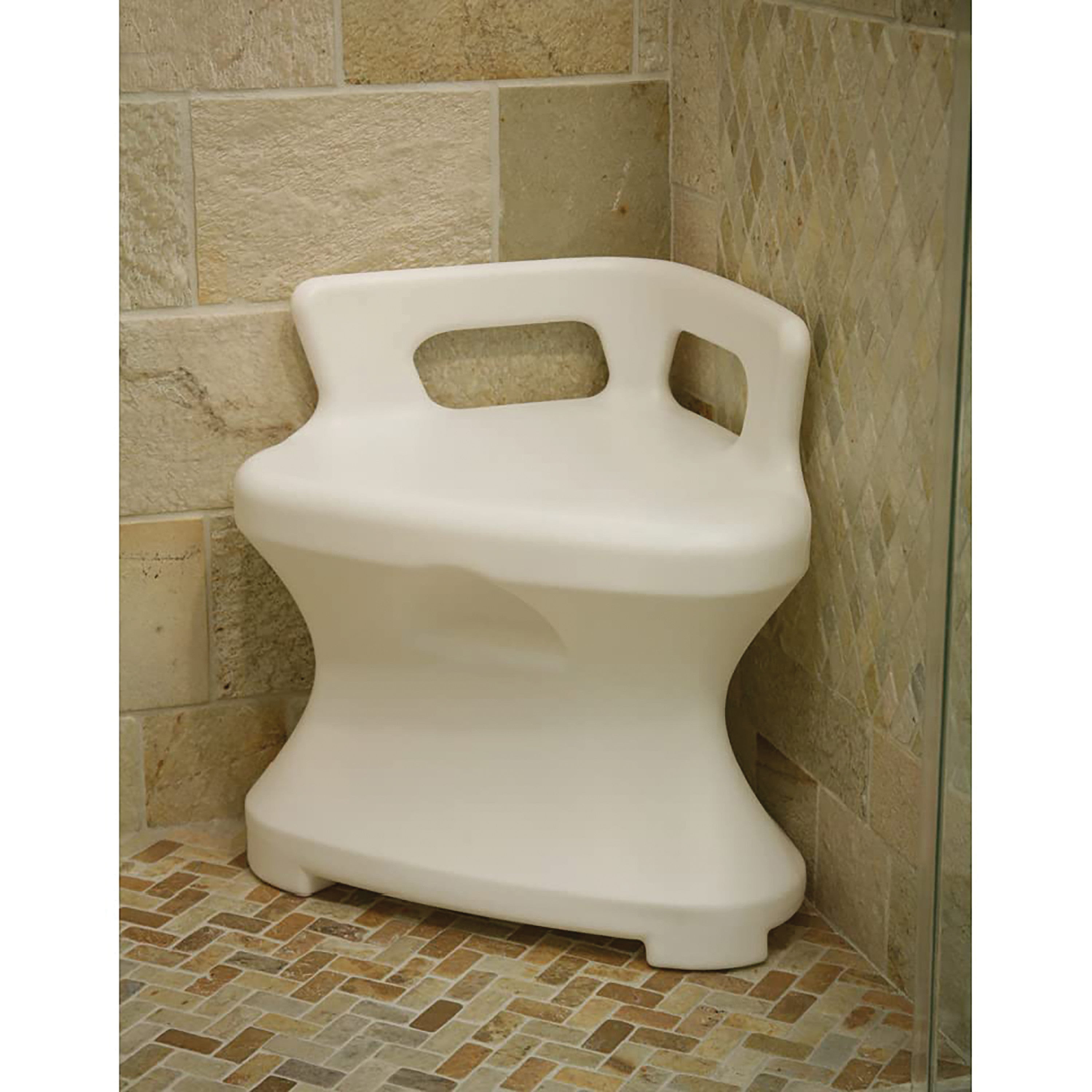 A white Corner Shower Seat is placed in a tiled shower corner, featuring an ergonomic backrest and cutout handles for stability.