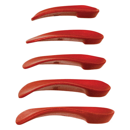 Five curved Arch Angels Insole pieces are displayed in a stacked arrangement. They are red and designed for arch support.