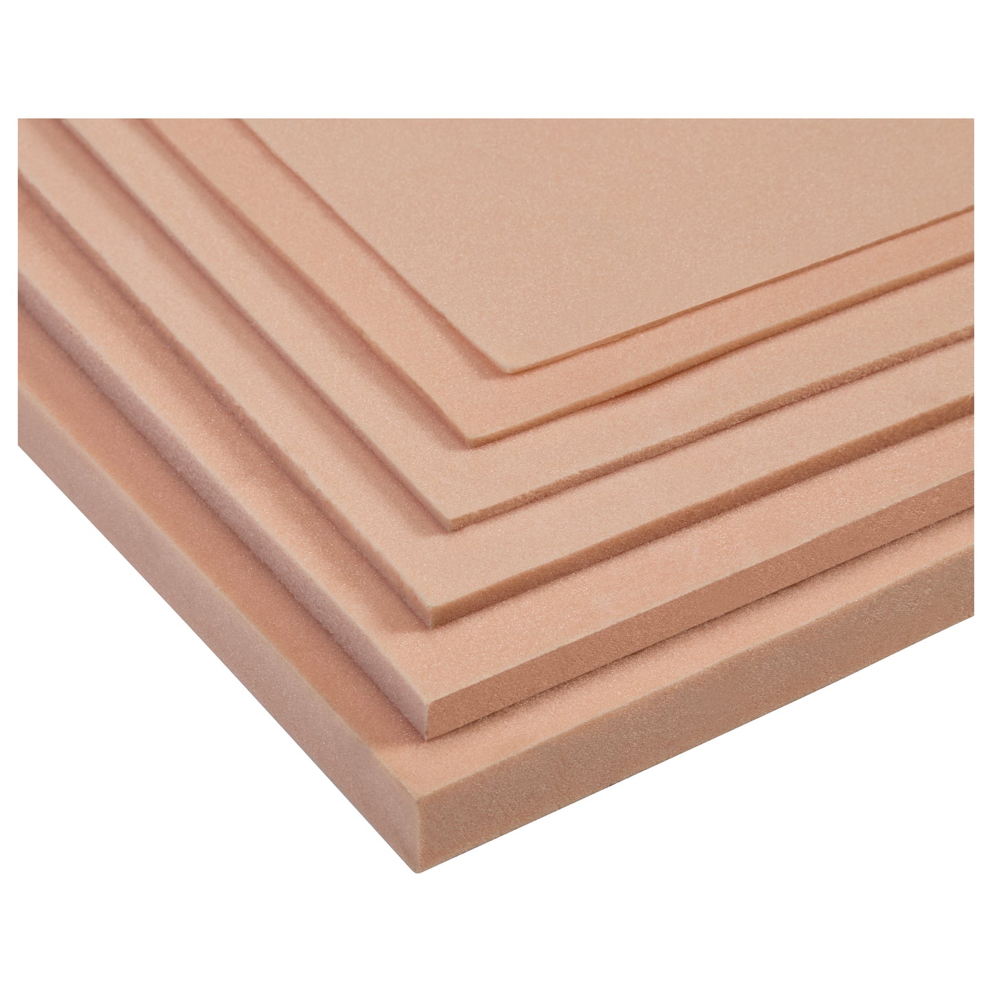 Stacked sheets of Plastazote #1 foam in peach color, varying thicknesses, with smooth surfaces and clean edges.