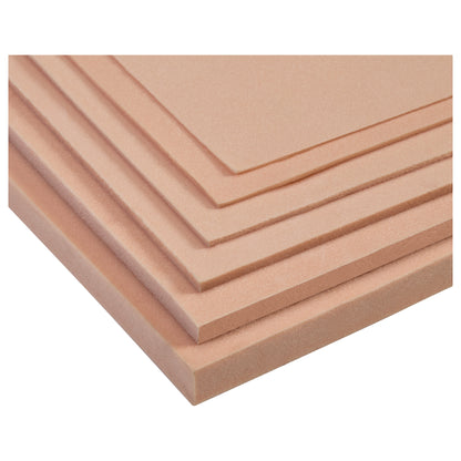 Stacked sheets of Plastazote #1 foam in peach color, varying thicknesses, with smooth surfaces and clean edges.