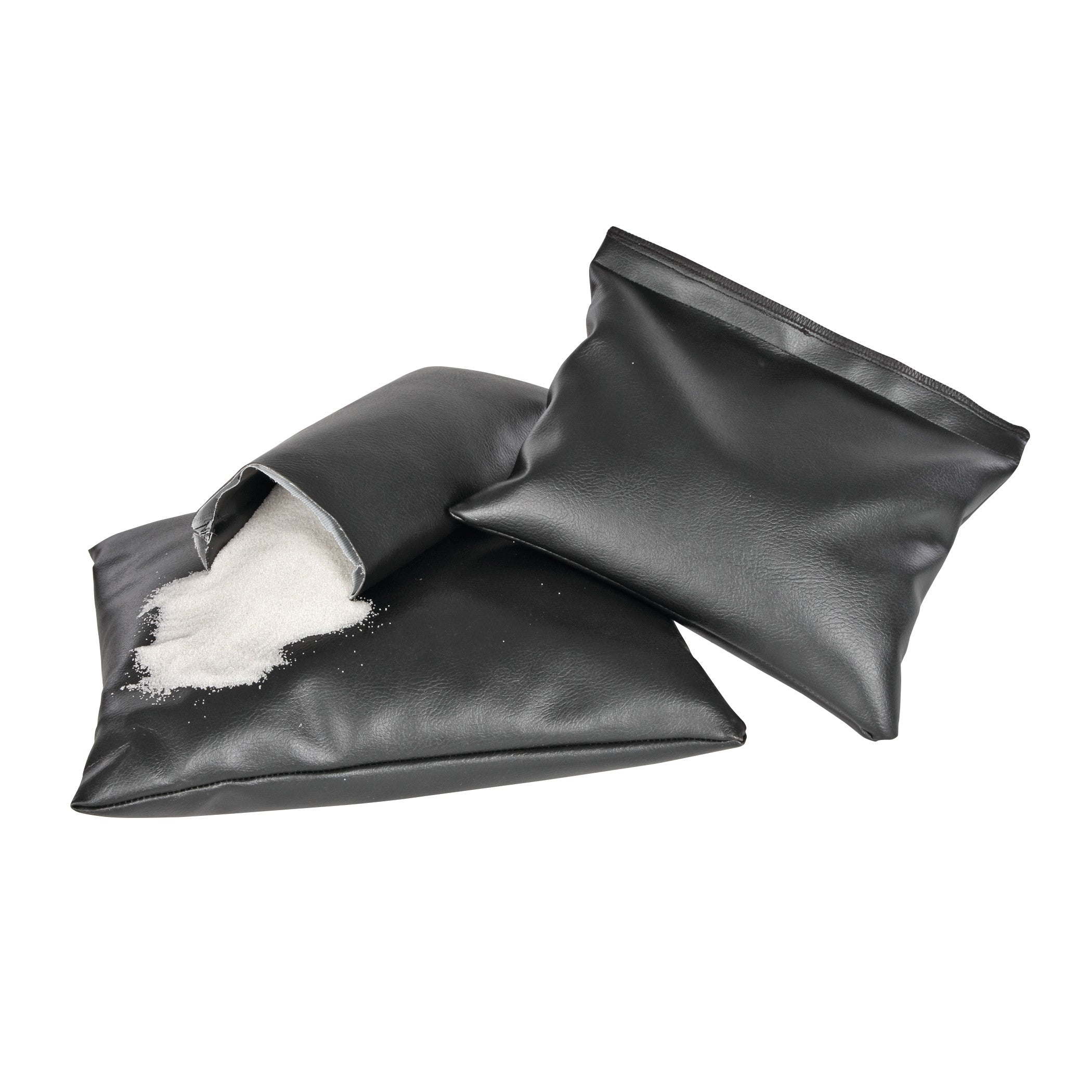 Two black AliMed Standard Sandbags, one spilling white sand, against a white background.