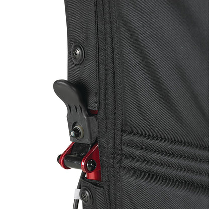 Close-up of the Drive Medical Expedition Transport Chair with Loop Lock, showing the black and red locking mechanism and fabric.