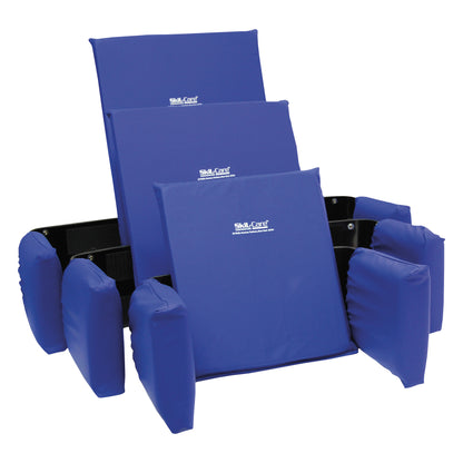 SkiL-Care Adjustable Lateral Support in blue, featuring padded sections and adjustable panels for postural support.