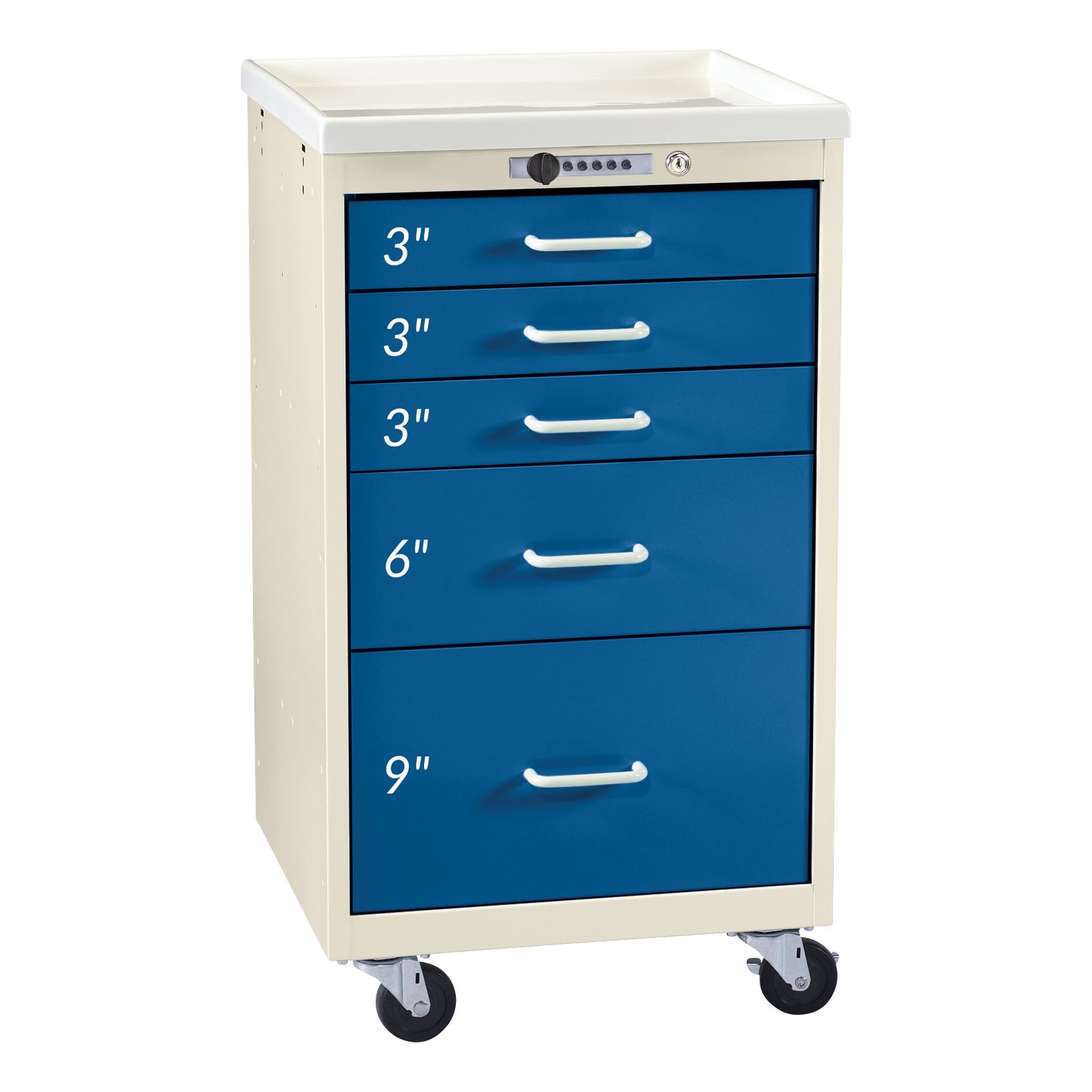 AliMed Mini Series 5-Drawer Anesthesia/Procedure Cart with Push-Button Lock features four blue drawers labeled 3', 3', 6', and 9'.