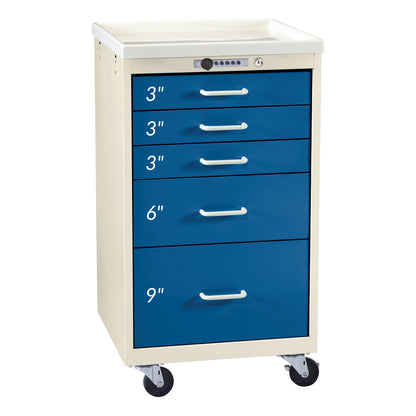 AliMed Mini Series 5-Drawer Anesthesia/Procedure Cart with Push-Button Lock features four blue drawers labeled 3', 3', 6', and 9'.